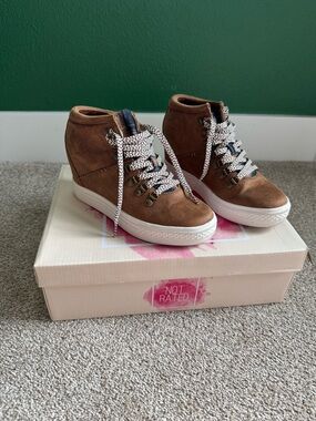 Not Rated Brown Suede Hidden Wedge Sneakers with White Contrast Laces